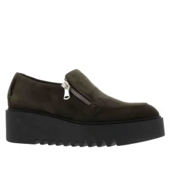 Bronte Green Leather Zip Up Wedge Loafers