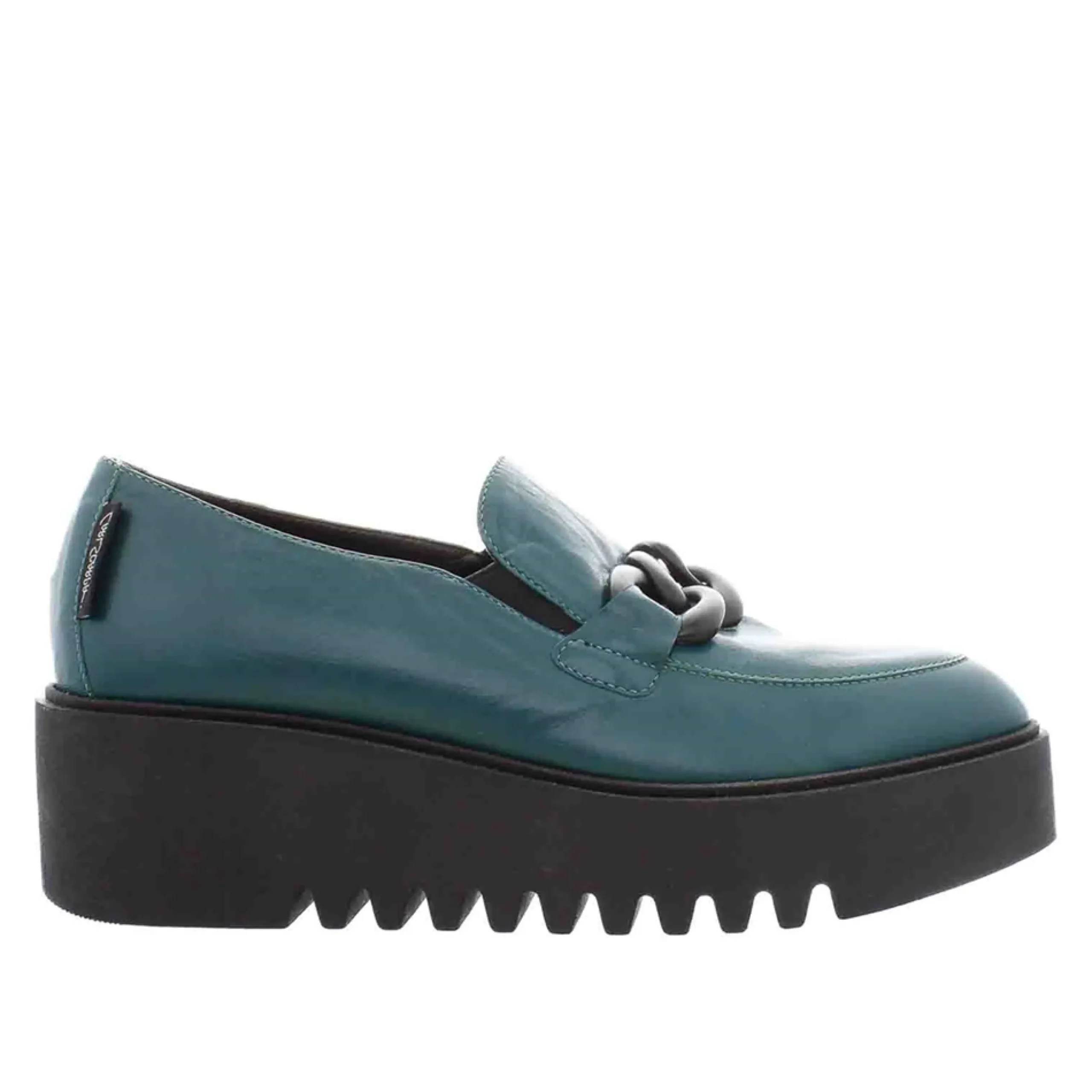 Lizi Teal Leather Chain Wedge Loafers