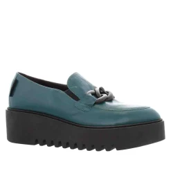Lizi Teal Leather Chain Wedge Loafers
