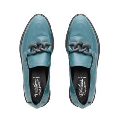 Lizi Teal Leather Chain Wedge Loafers