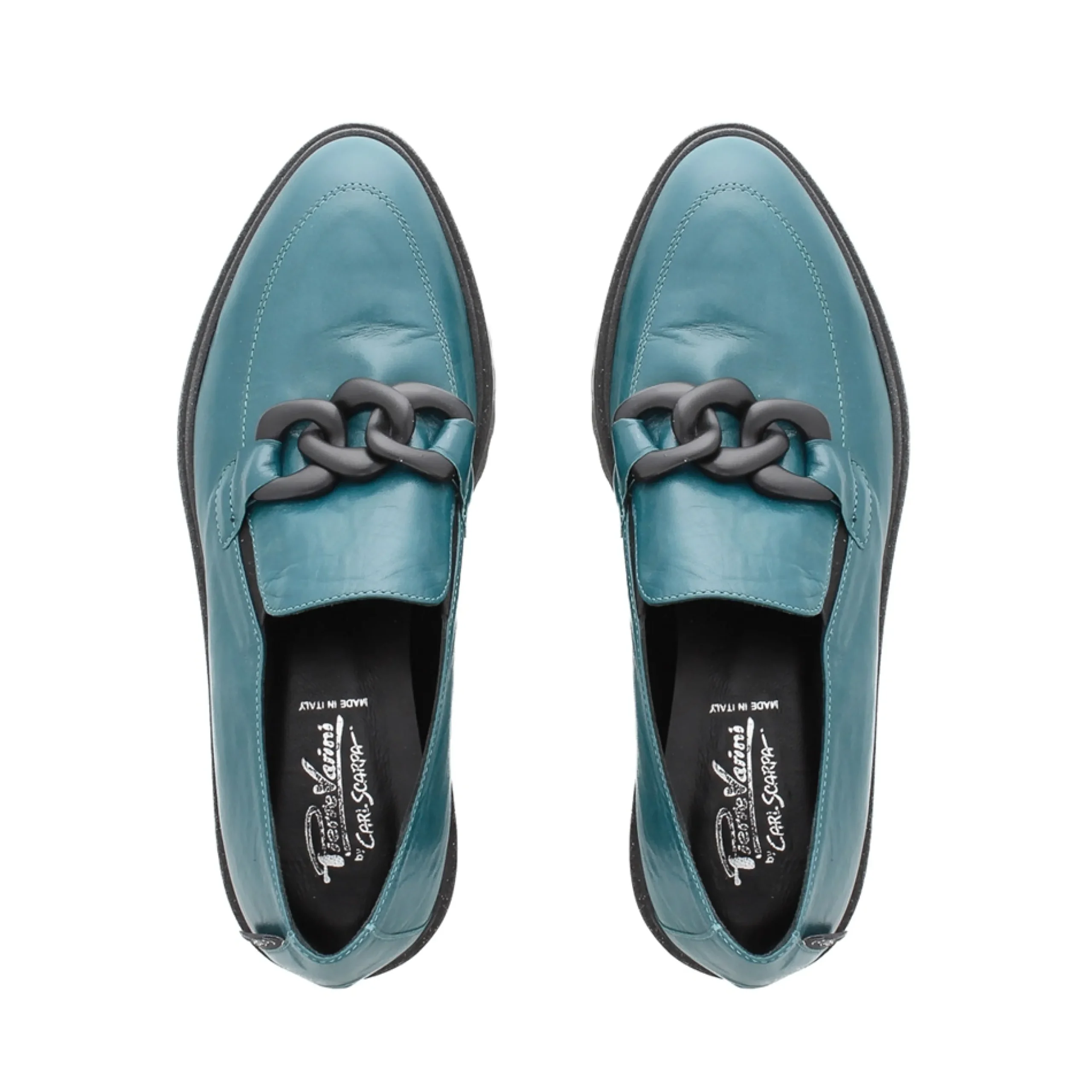 Lizi Teal Leather Chain Wedge Loafers