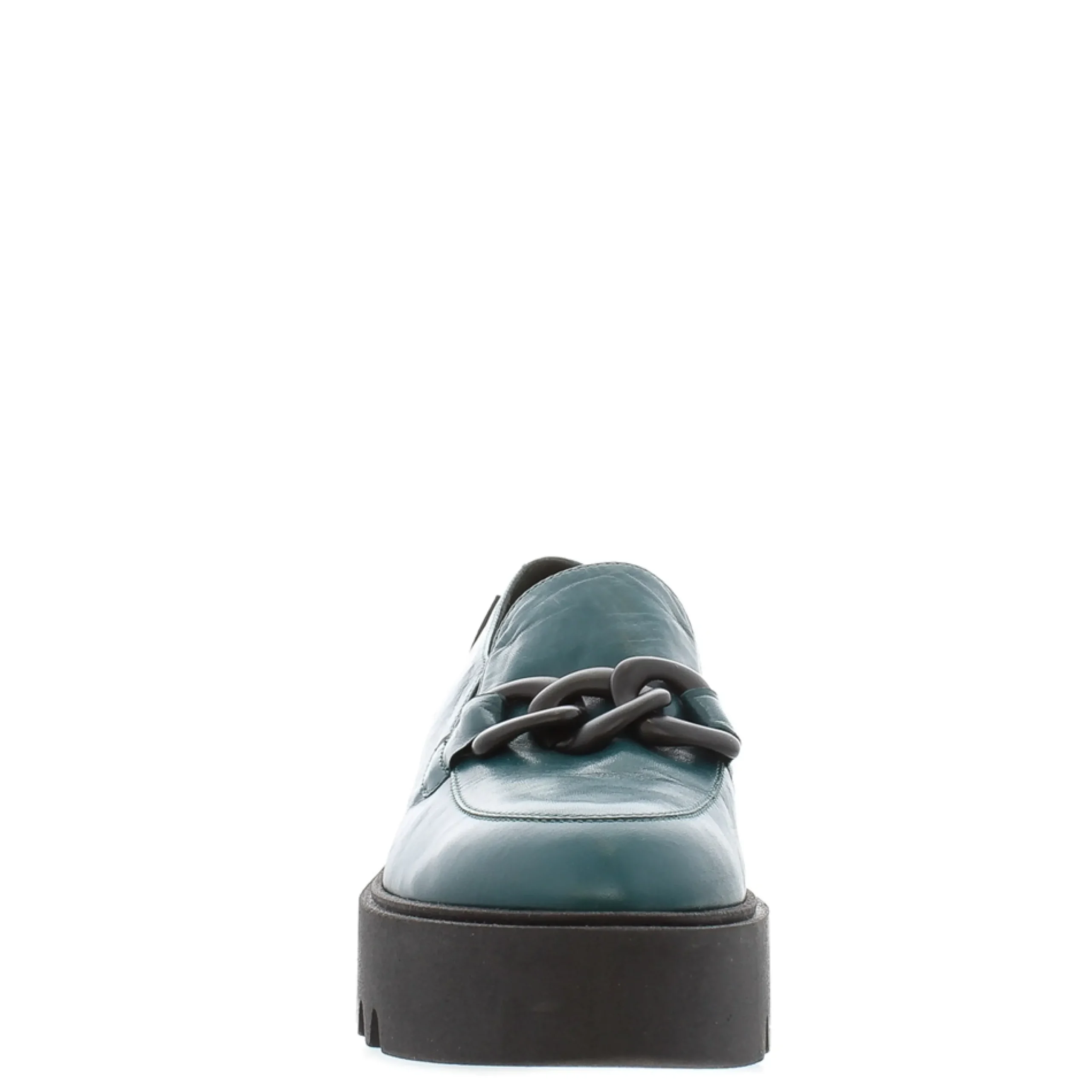 Lizi Teal Leather Chain Wedge Loafers