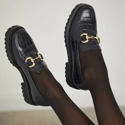Petal Black Croc Snaffle Loafers