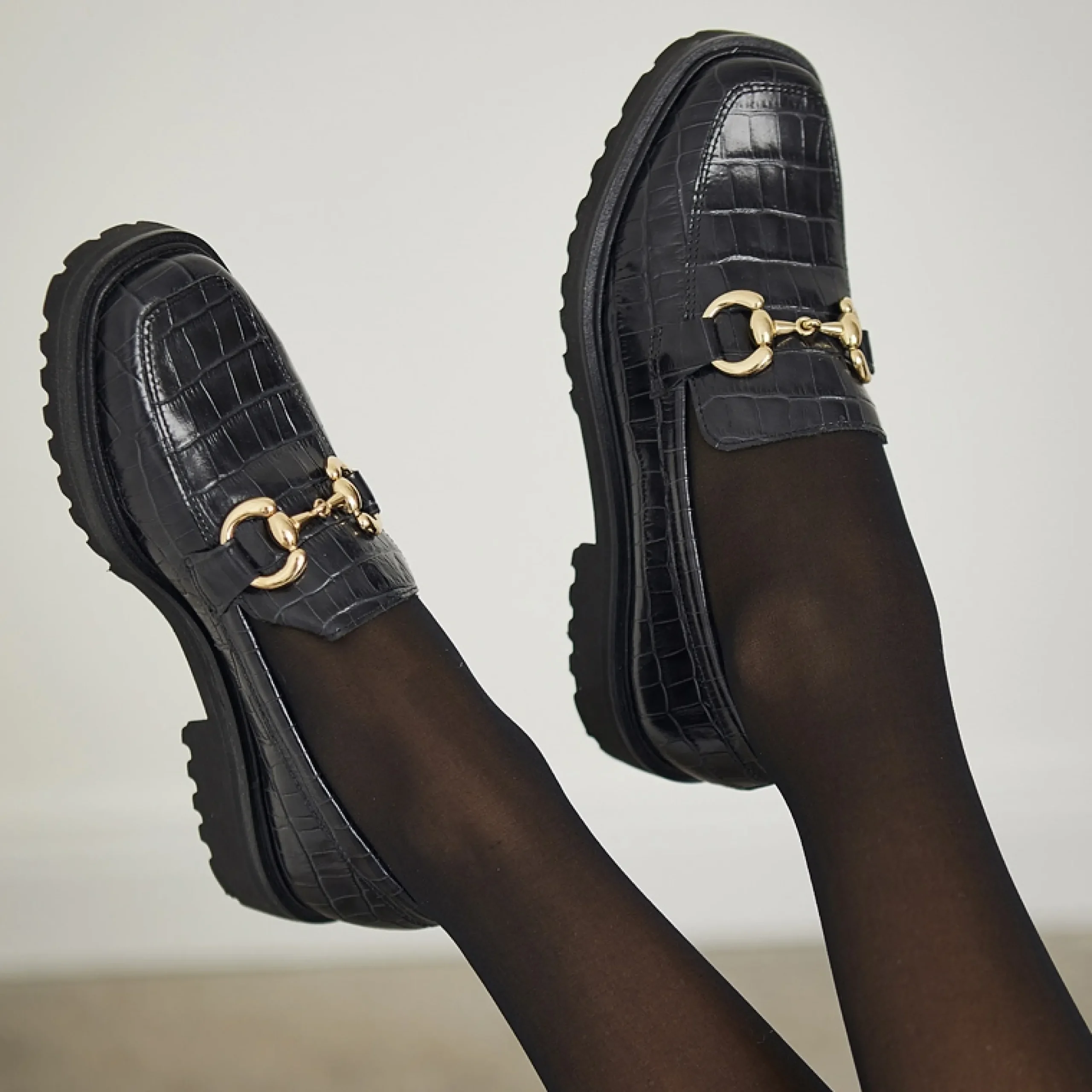 Petal Black Croc Snaffle Loafers