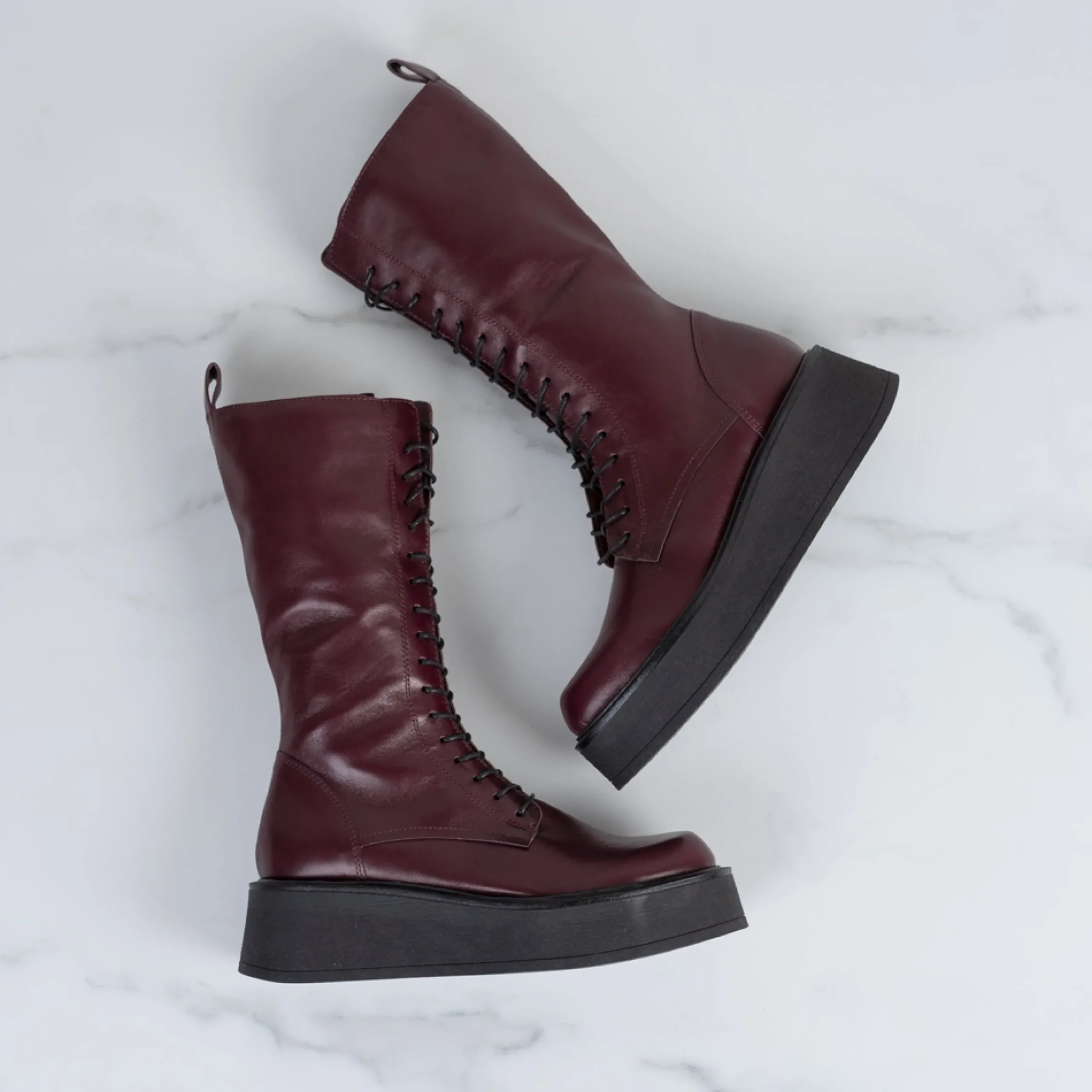 Punk Burgundy Leather Lace Up Boots